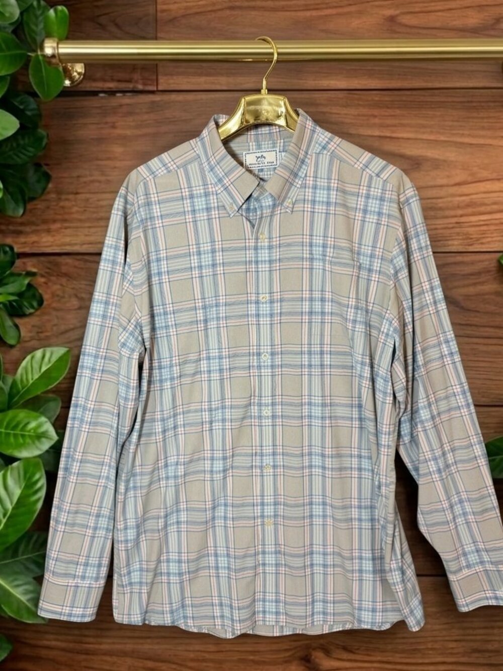 Southern Tide Intercoastal Men's L Gray Blue Plaid Long Sleeve Button Down Shirt